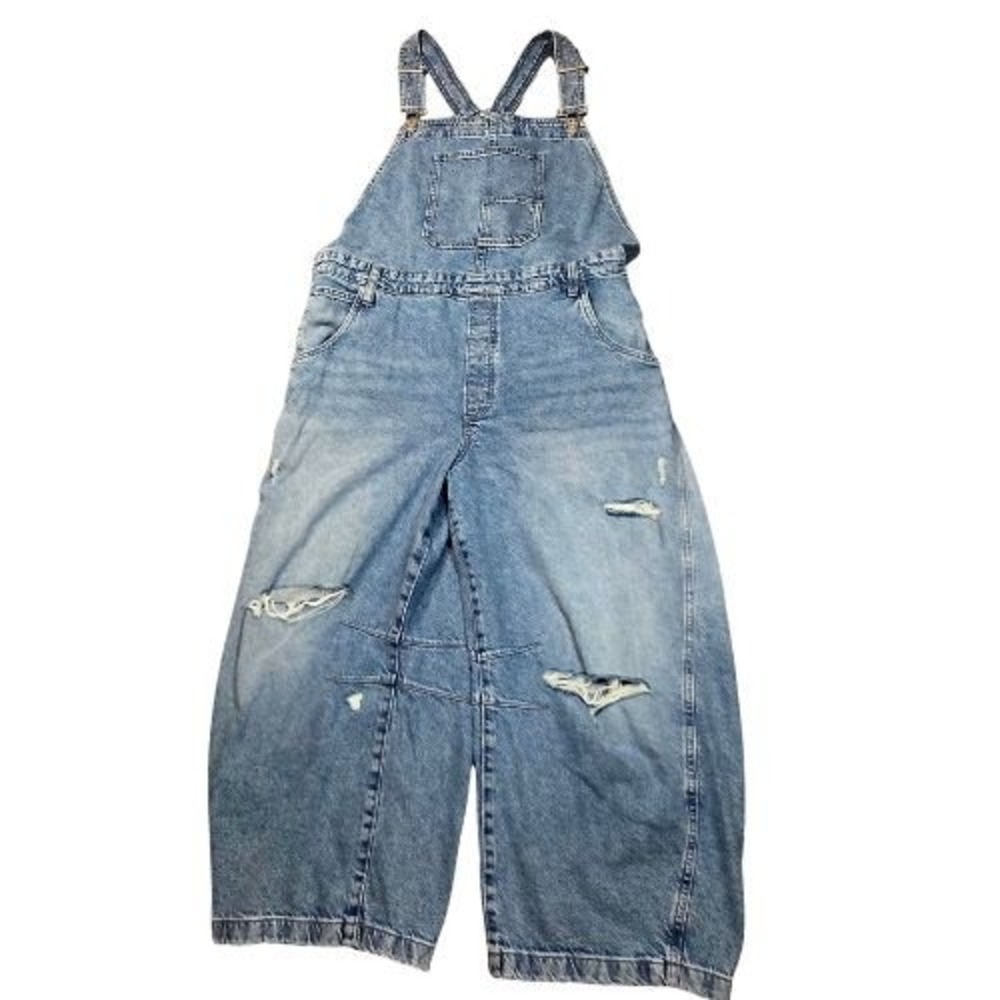 Scoop Womens Light Wash Distressed Denim Bib Overalls Size XL 16/18 Short Farmer